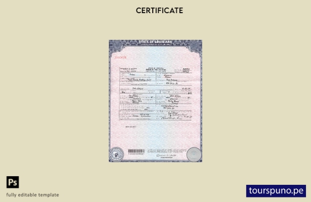 Plantilla de certificado de nacimiento de Luisiana de EE. UU. lista para imprimi